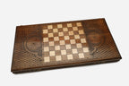 Armenian backgammon set open to the 23.6 inch / 60 cm nardi playing field