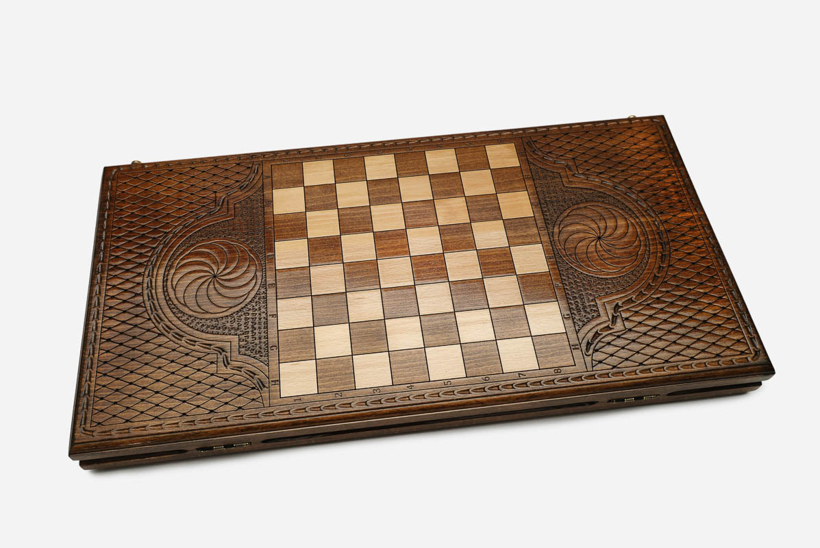 Armenian backgammon set open to the 23.6 inch / 60 cm nardi playing field