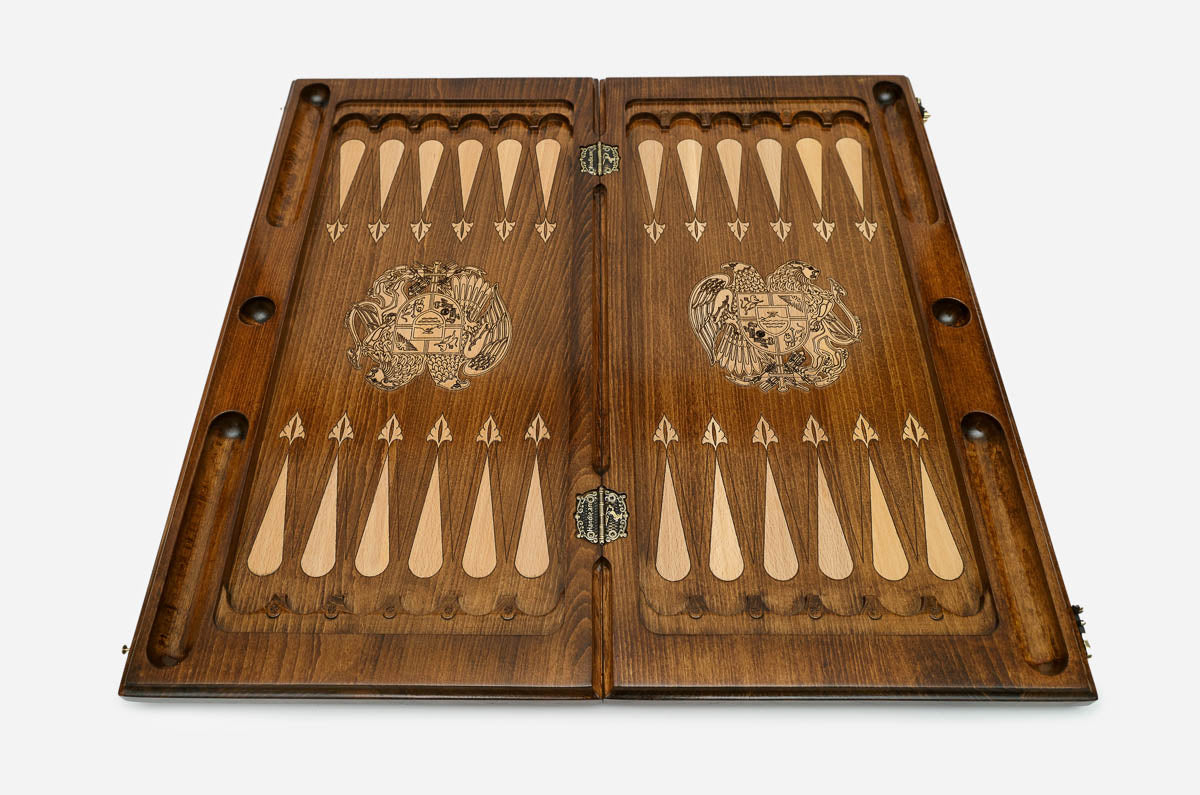 Handmade Armenian backgammon set with bronze hinges and clasps - coat of arms