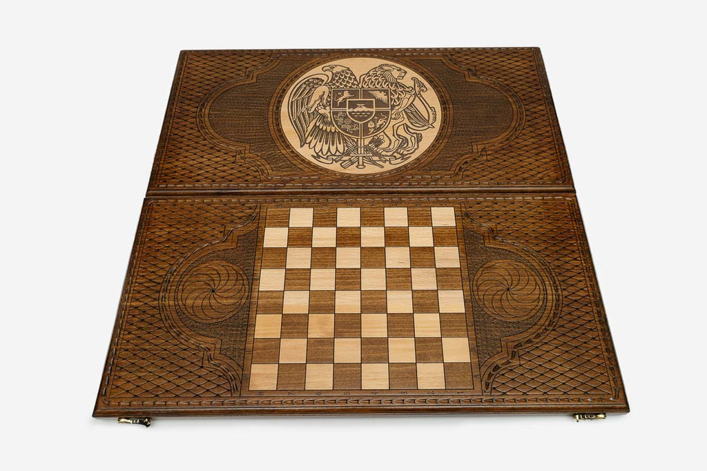 Coat of arms of Armenia with four dynasties hand-carved in wood - backgammon board