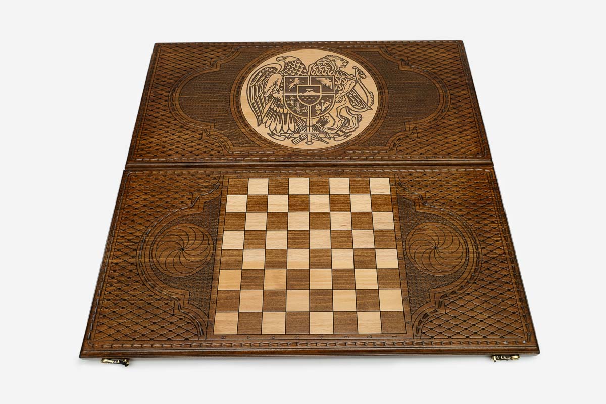 Coat of arms of Armenia with four dynasties hand-carved in wood - backgammon board