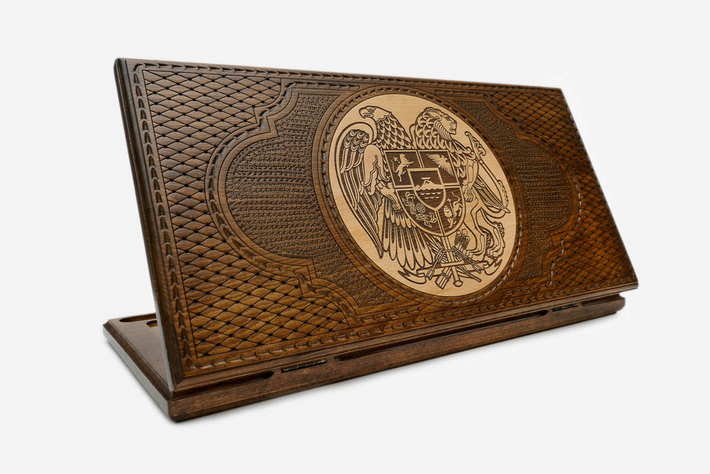 Armenian Backgammon Set with Coat of Arms of Armenia - handmade wooden backgammon board