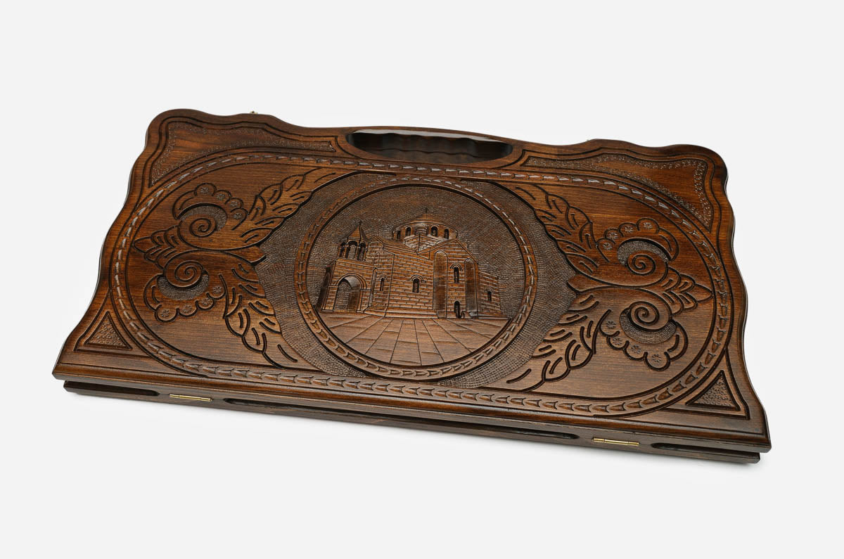 The Armenian backgammon board opened to the full 60 cm wooden playing field