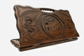 Carved Armenian backgammon board with the St. Hripsime Church and a cut-out carry handle, propped open