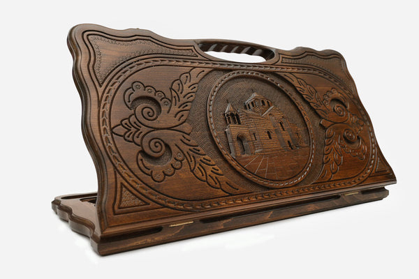 Carved Armenian backgammon board with the St. Hripsime Church and a cut-out carry handle, propped open