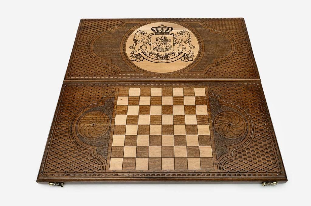 St. George and the dragon hand-carved in wood - Georgian backgammon board detail