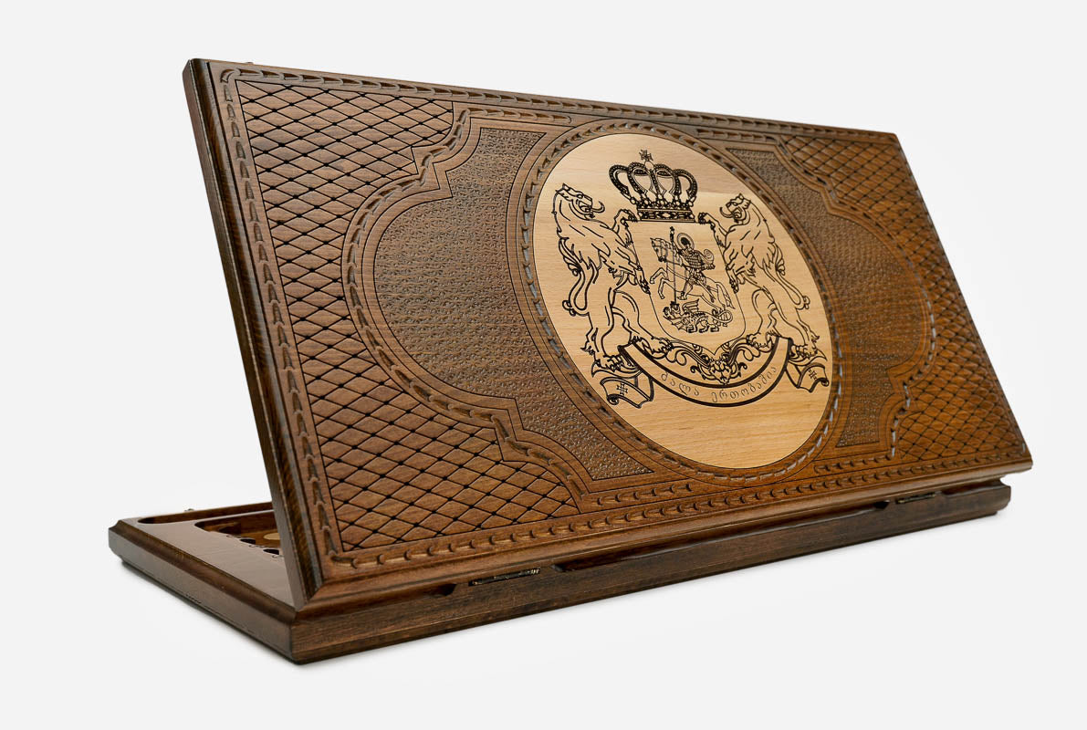 Georgian Backgammon Set with Coat of Arms of Georgia - handmade wooden backgammon board
