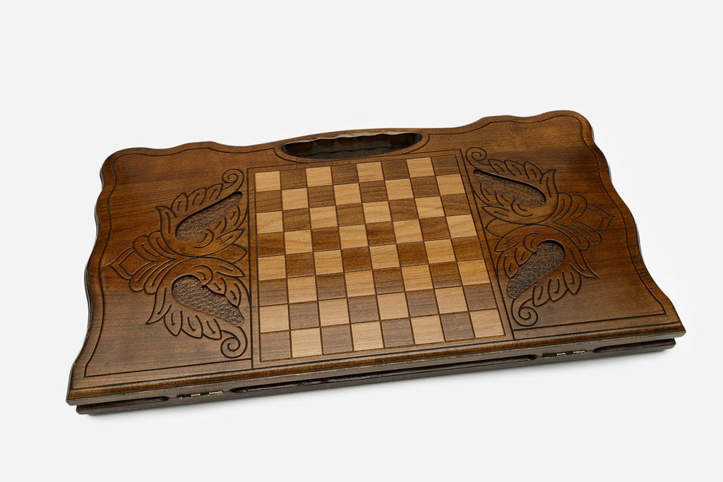 Wooden backgammon set open to the 23.6 inch / 60 cm nardi playing field