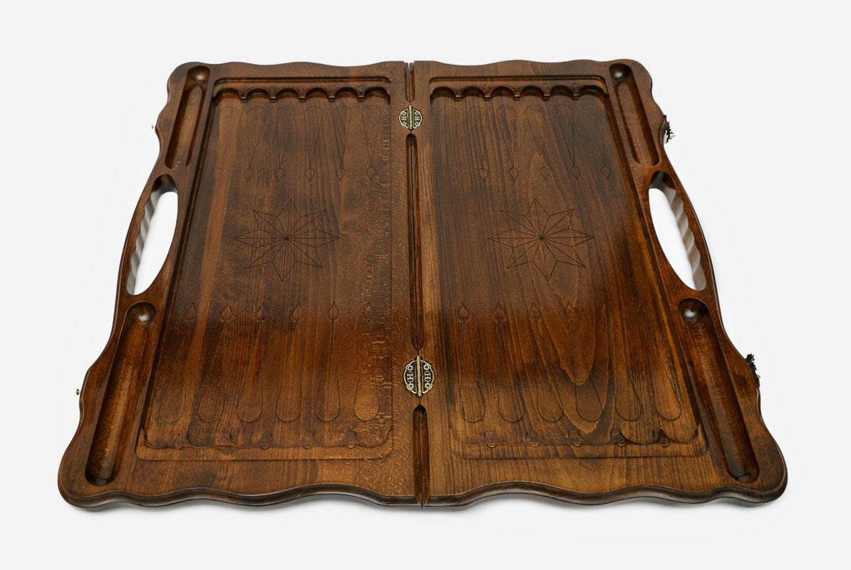Handmade wooden backgammon set with built-in carry handle and bronze clasps