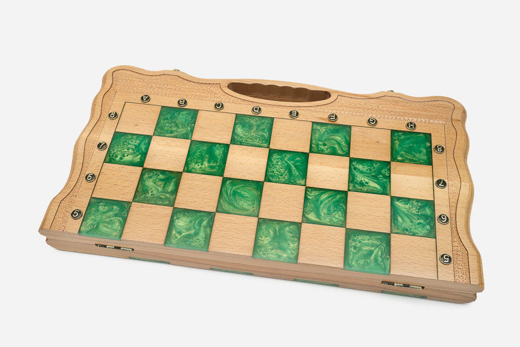 Detail of the green epoxy playing surface and the built-in carry handle