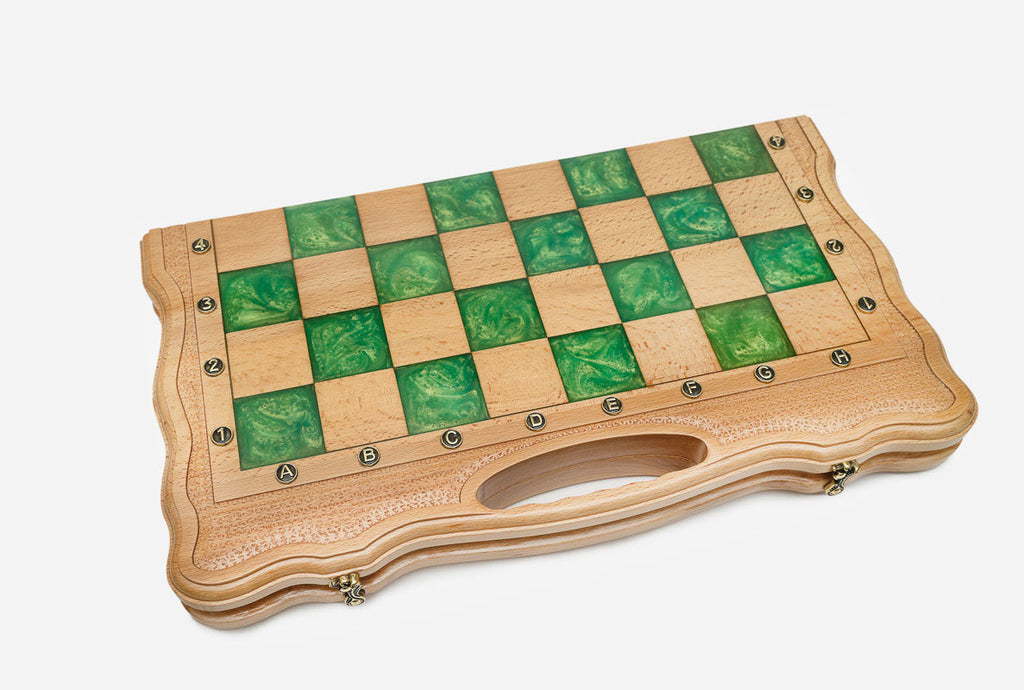 Close-up of the marbled green epoxy squares, pale light squares and bronze coordinate markers