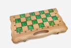 Close-up of the marbled green epoxy squares, pale light squares and bronze coordinate markers