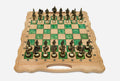 Luxury green epoxy chess set with marbled green squares and ornate bronze warrior pieces