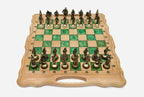 Luxury green epoxy chess set with marbled green squares and ornate bronze warrior pieces