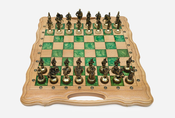 Luxury green epoxy chess set with marbled green squares and ornate bronze warrior pieces
