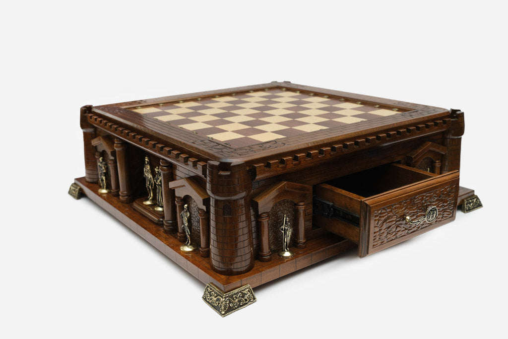 Castle chess set with the front drawer open, three-quarter angled view