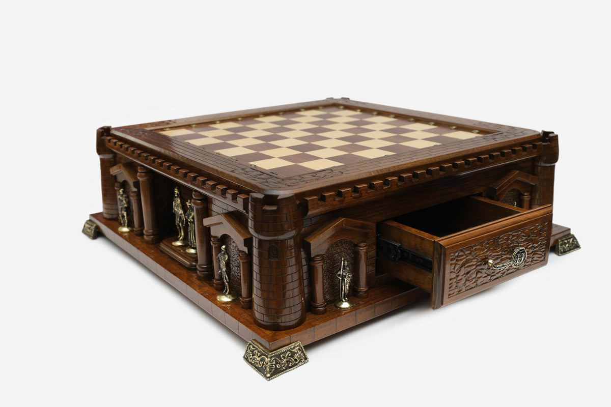 Castle chess set with the front drawer open, three-quarter angled view