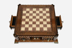 Castle chess set with both side drawers open, empty board, top-down view