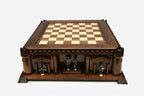 Castle chess set front view showing bronze knight and royal figures in the archways