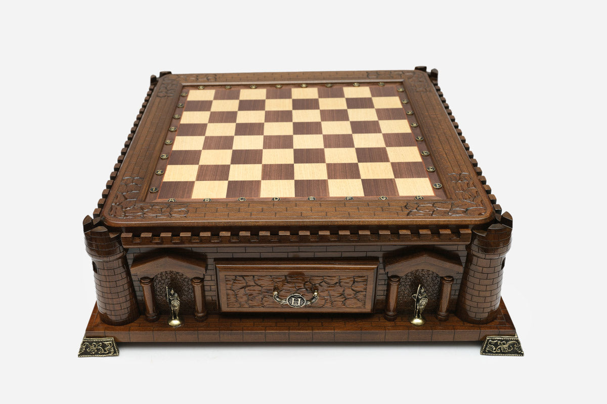 Castle chess set front view with drawers closed and empty board