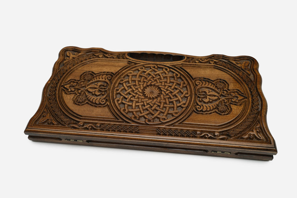 The Armenian backgammon board opened to the full 60 cm wooden playing field