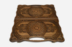 Angled view of the luxury Armenian backgammon set showing both carved ornaments