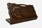 Carved Armenian backgammon board with a flower ornament and an interlaced ornament, cut-out carry handle, propped open