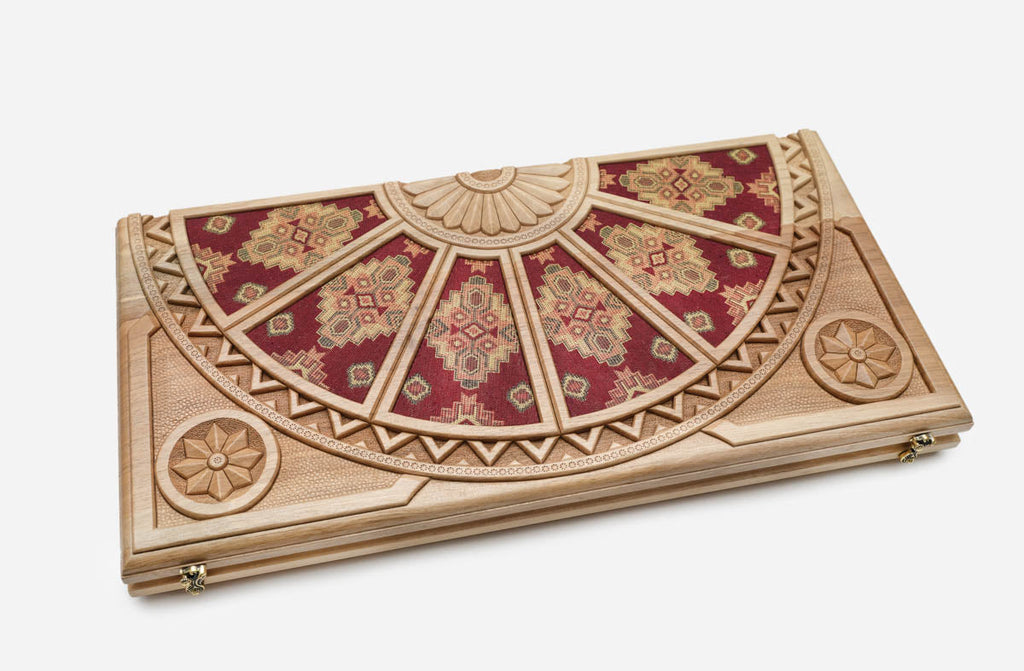 Walnut backgammon set open to the 23.6 inch / 60 cm nardi playing field