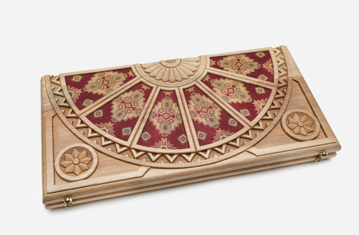 Walnut backgammon set open to the 23.6 inch / 60 cm nardi playing field