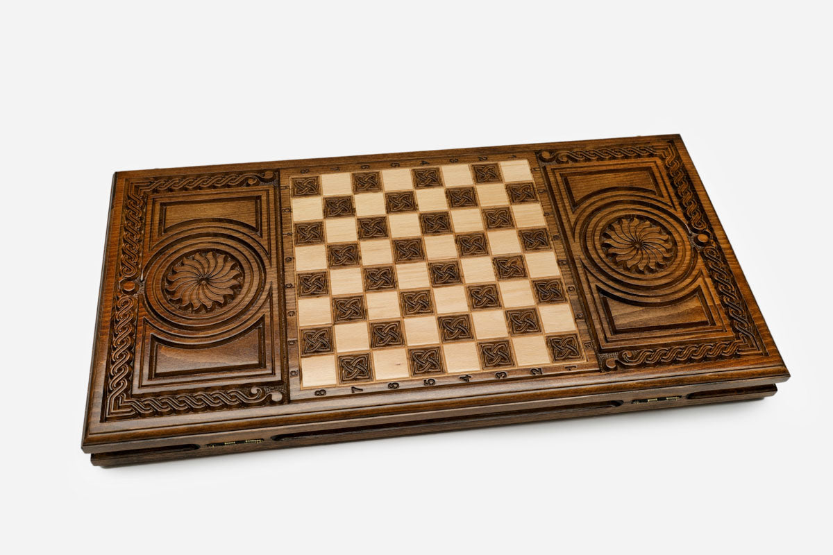 Armenian backgammon set open to the 23.6 inch / 60 cm nardi playing field