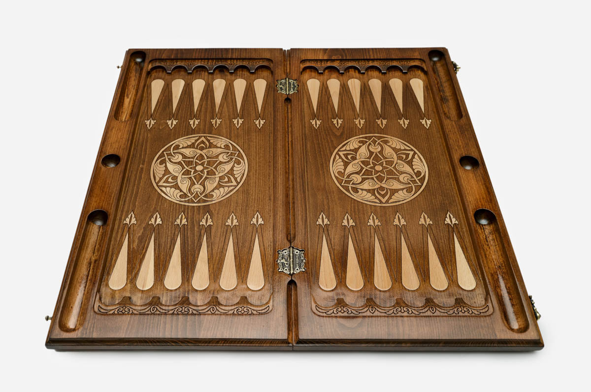 Handmade Armenian backgammon set with bronze hinges and clasps - pomegranate ornaments