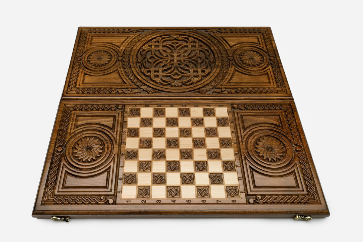 Pomegranates and vine scrolls hand-carved in wood - Armenian backgammon board detail