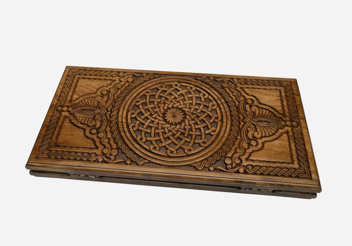 Carved ornament backgammon set with 32 beech and walnut checkers, dice and carrying bag