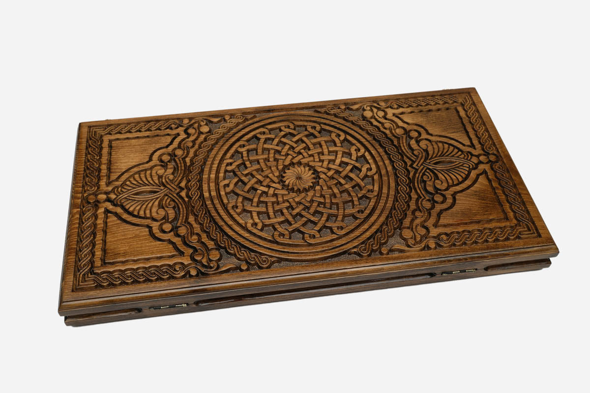 Armenian backgammon set open to the 23.6 inch / 60 cm nardi playing field