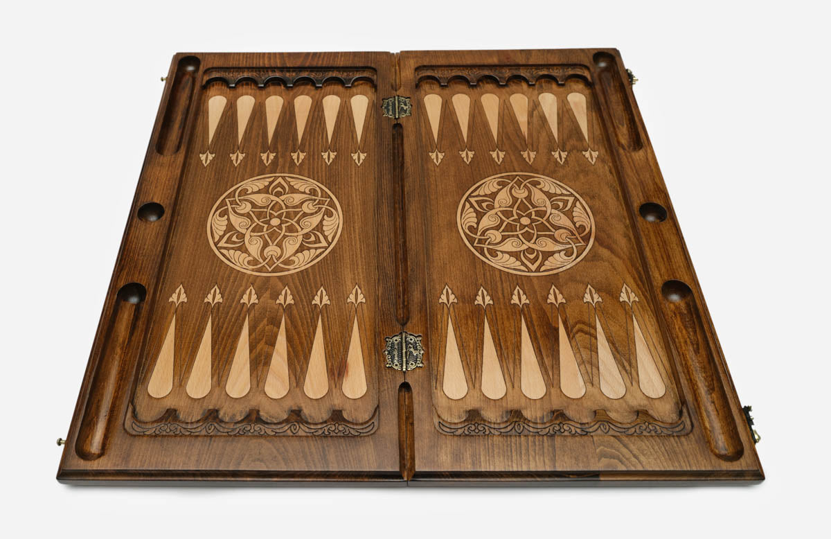 Handmade Armenian backgammon set with bronze hinges and clasps - carved ornaments