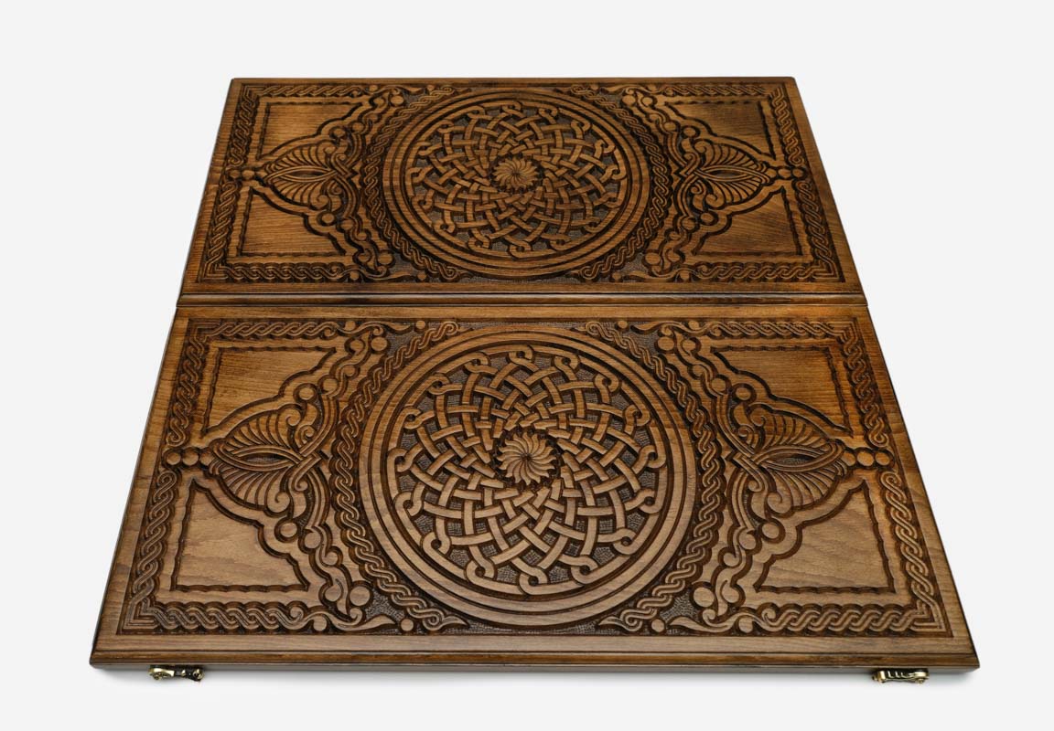 Endless interlace ornament hand-carved in wood - Armenian backgammon board detail