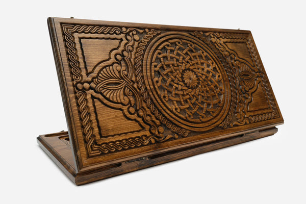 Armenian Backgammon Set with Carved Ornaments - handmade wooden backgammon board
