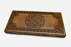 Delicate ornament backgammon set with 32 beech and walnut checkers, dice and carrying bag