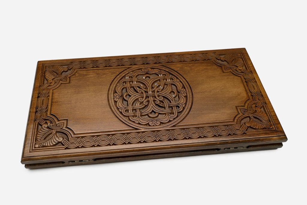 Armenian backgammon set open to the 23.6 inch / 60 cm nardi playing field