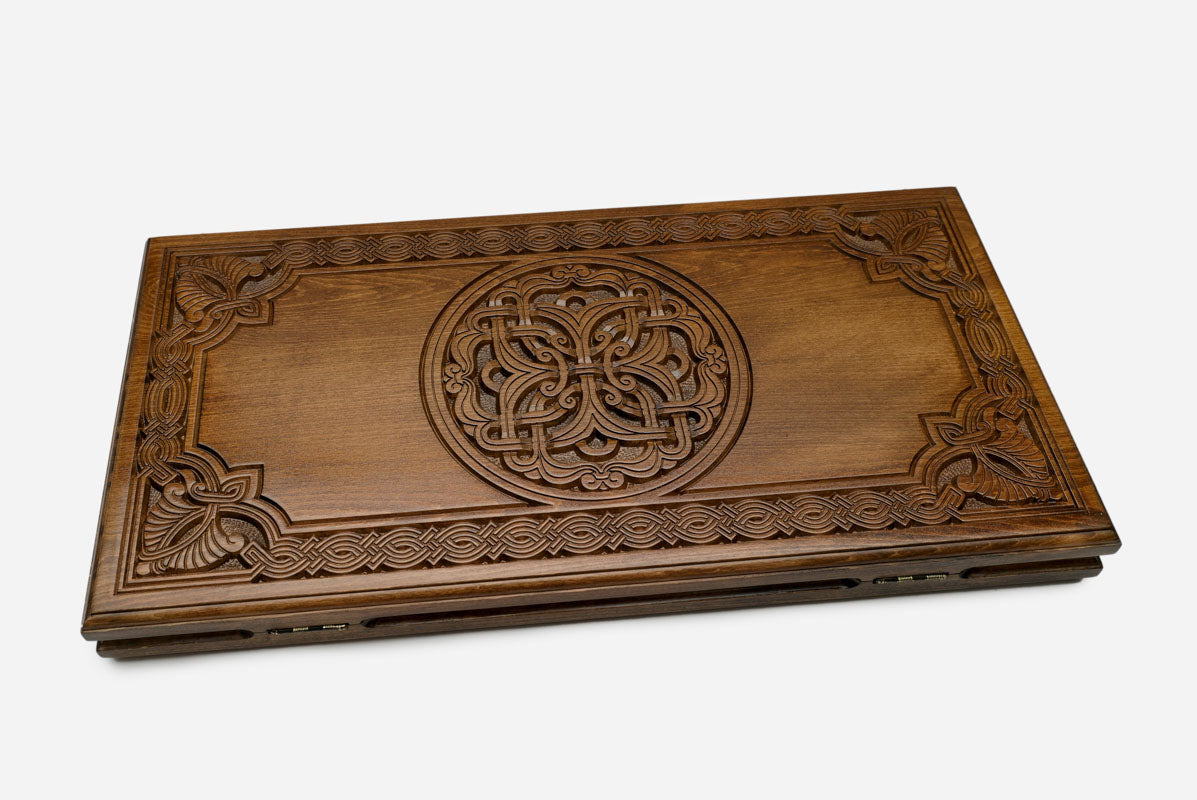 Armenian backgammon set open to the 23.6 inch / 60 cm nardi playing field