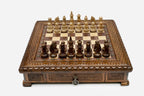 Carved chess set empty board, top-down view of the walnut and maple squares