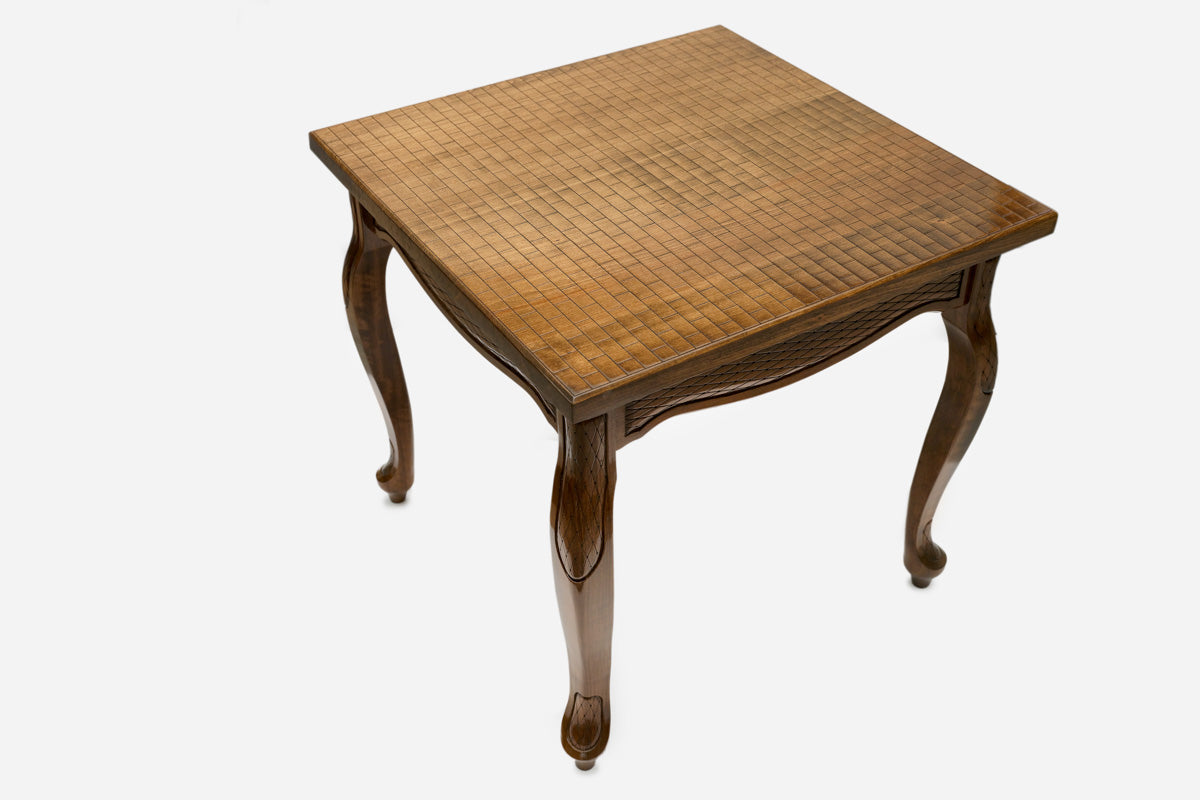 Castle tower game table opening to reveal the backgammon playing field