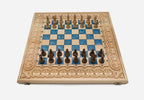 Angled view of the blue epoxy chess set with its wooden pieces