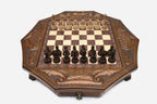 Octagonal honey-walnut chess set with detailed carved pieces set up on the board