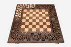 Close-up of the bronze and wood pieces on the maple and walnut squares