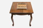 Castle tower game table set up for chess, front view showing the square tabletop