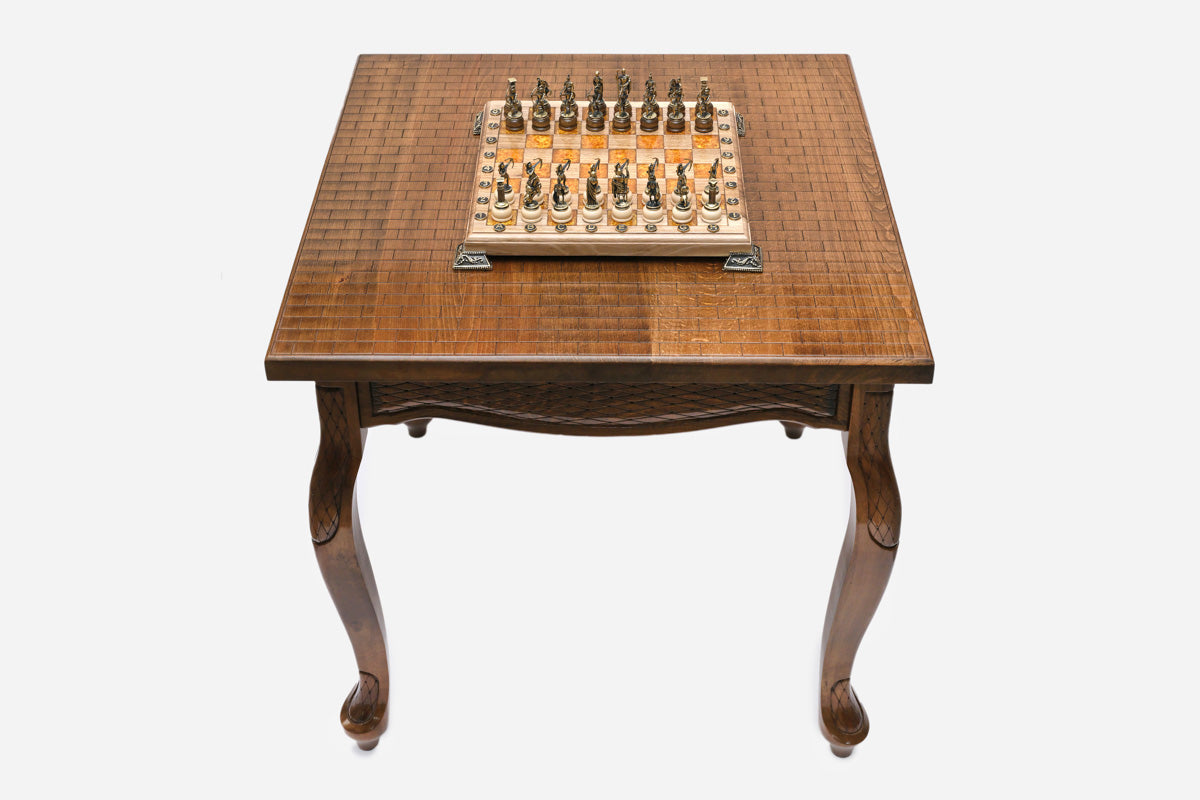 Castle tower game table set up for chess, front view showing the square tabletop