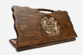 Carved Armenian backgammon board with the coat of arms of Armenia in bronze and a cut-out carry handle, propped open