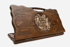 Carved Armenian backgammon board with the coat of arms of Armenia in bronze and a cut-out carry handle, propped open