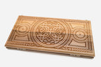 Central ornament backgammon set with 32 beech and walnut checkers, dice and carrying bag